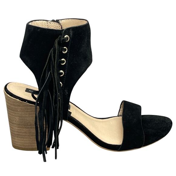 Steve Madden Luisa Black Suede Fringe Block Heel Dressy Sandal Women 9B - Picture 2 of 12